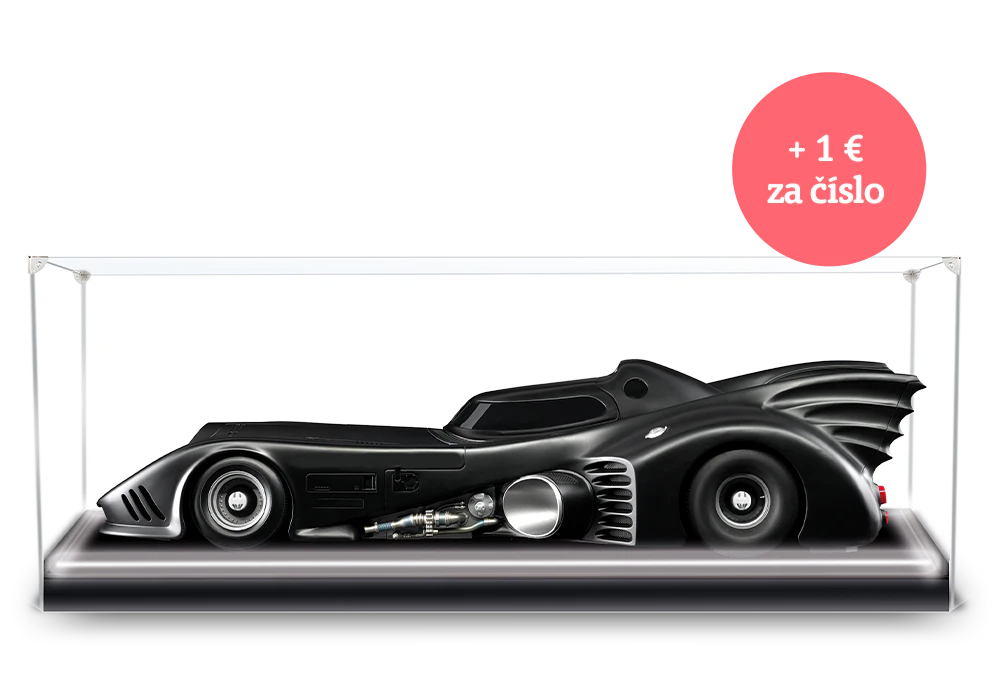 Obrázok čierneho Batmobilu z roku 1989 v priehľadnej vitríne. Ikona na obrázku obsahuje nápis: „+ 1 € za číslo”.