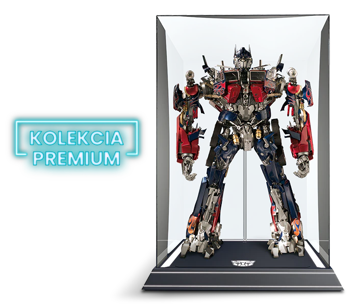 Obrázok červeno-modrého robota s časťami kamióna, Optimus Prime, v priehľadnej vitríne. Banner na obrázku obsahuje nápis „Prémiová kolekcia”.