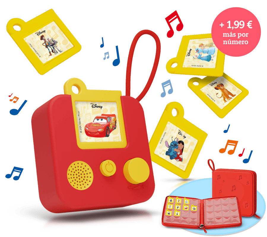 Reproductor rojo de audiocuentos Disney con tarjetas amarillas de personajes y estuche; texto promocional “+ 1,99 € más por entrega”.