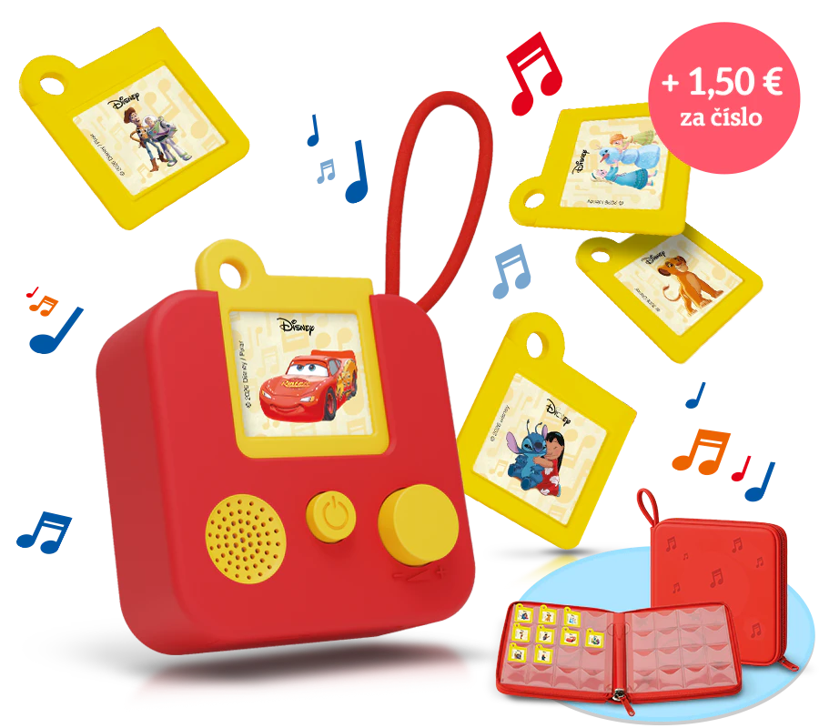Reproductor rojo de audiocuentos Disney con tarjetas amarillas de personajes y estuche; texto promocional “+ 1,99 € más por entrega”.