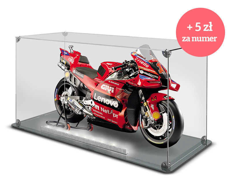 Obraz czerwonego motocykla Ducati w przezroczystej akrylowej gablocie. Ikona na obrazie zawiera napis: „+ 5 zł za numer”.