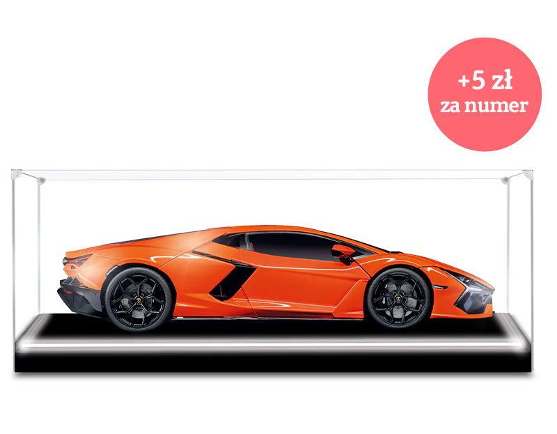 Obraz pomarańczowego sportowego samochodu Lamborghini. Ikona na obrazie zawiera tekst: „+5 zł za numer”.