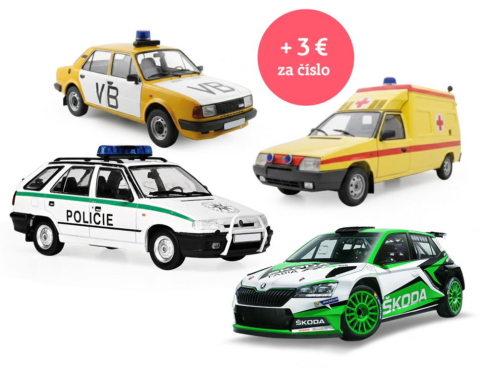 Obrázek čtyř modelových vozidel Škoda: žlutého policejního vozu, žluté sanitky, bílého policejního kombi a zeleno-bílého soutěžního vozu Škoda. Ikona na obrázku obsahuje nápis: „+50 Kč za číslo”.