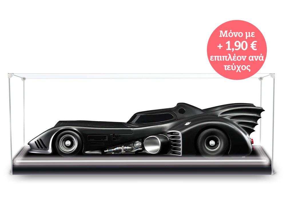 Image of the black 1989 Batmobile car in a transparent display case. An icon on the image reads: "+ X per issue".