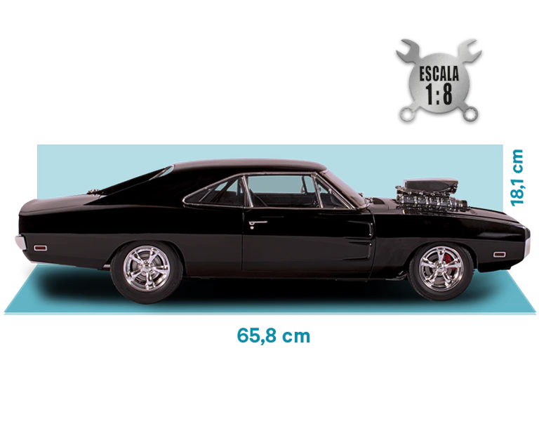 Imagen del coche negro con dimensiones: largo 65,8cm,  alto 18,1 cm. Un icono en la imagen indica «ESCALA [1/8]».