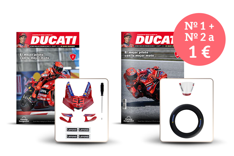 Image montrant deux couvertures de magazine avec le produit et deux paquets de pièces. Une bannière sur l’image indique « n° 1 et n° 2 à 1€ » dans un sceau circulaire.