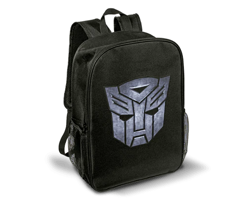 Obraz czarnego plecaka z logo Transformers.
