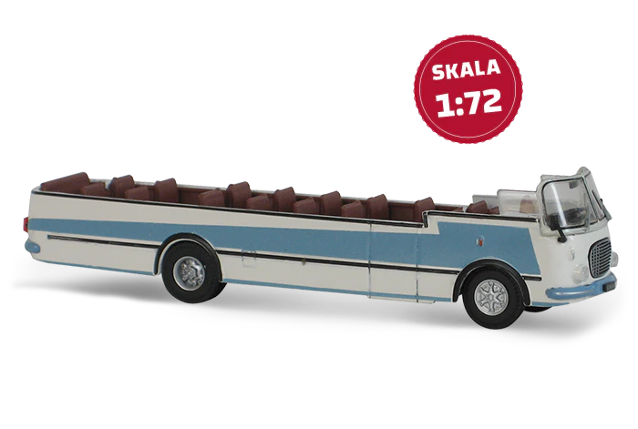 Obraz biało-niebieskiego kabrioletu Jelcz 043. Ikona na obrazie zawiera napis „SKALA 1:72”.