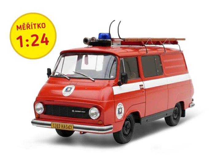 Obrázek červeného modelu veteránu Škoda 1203 Hasiči s bílým pruhem a žebříkem na střeše.