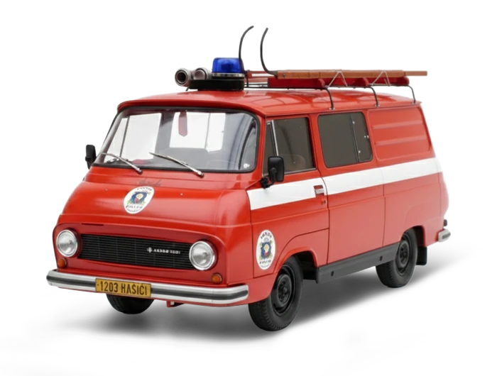 Obrázek červeného modelu veteránu Škoda 1203 Hasiči s bílým pruhem a žebříkem na střeše.