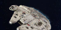 Image of the Millennium Falcon, a grey starship on a dark starlit galaxy background image.