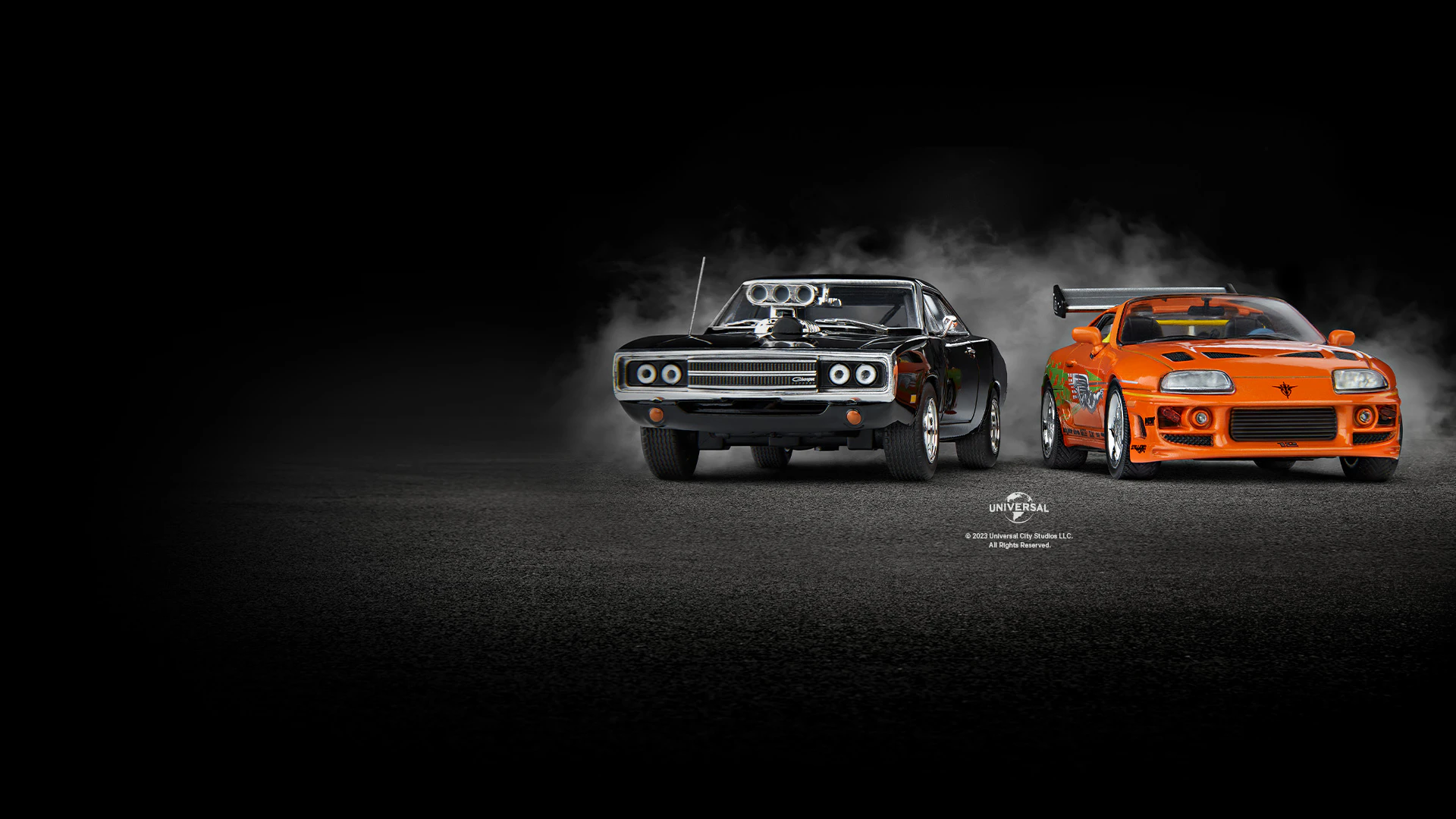 Image de deux voitures miniatures 1/43 (une noire et une orange) de la saga Fast and Furious sur fond orange, avec une icône au-dessus de l’image et un texte promotionnel : « Le n°1 à seulement 2,99 € »