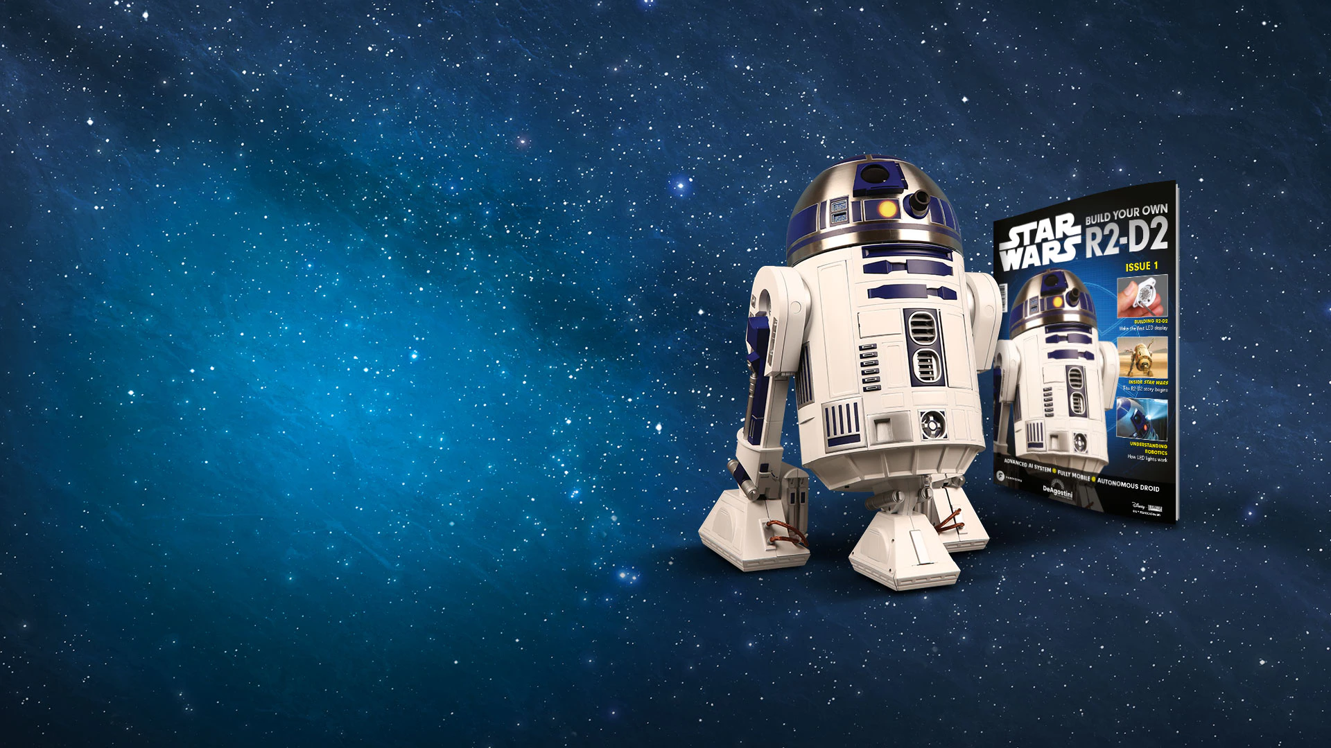 Obrázok robota R2-D2 zo Star Wars na galaktickom pozadí. Obrázok obsahuje propagačný text: „Zásielka 1 len za 1 €”.
