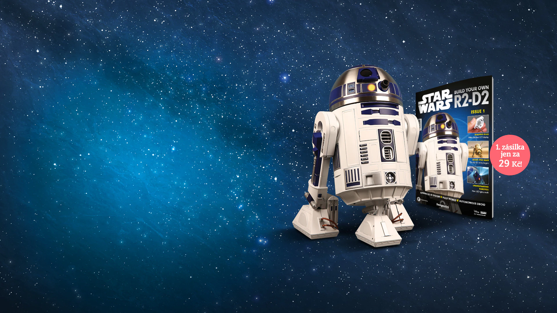 Obrázek robota R2-D2 ze Star Wars na galaktickém pozadí. Obrázek obsahuje propagační text: „1. zásilka jen za 29 Kč”.