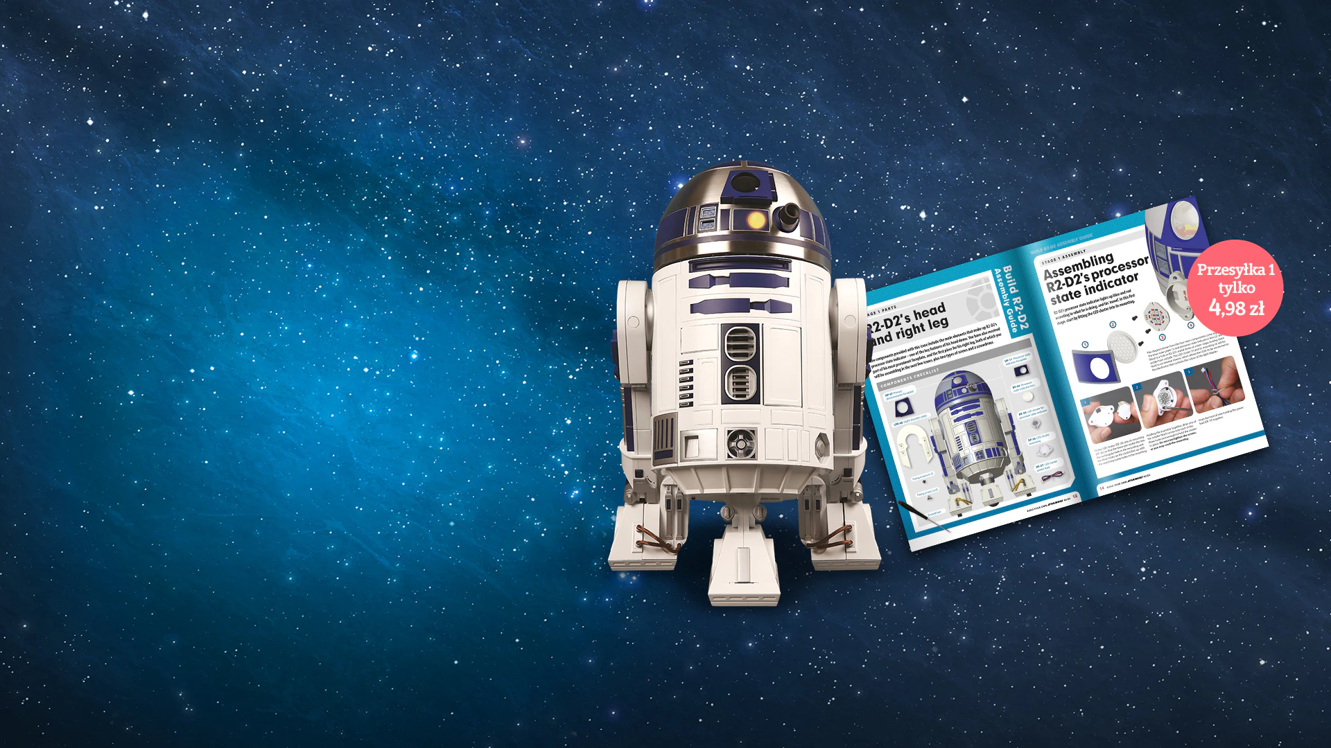 Obraz robota R2-D2 ze Star Wars na tle galaktyki. Obraz zawiera tekst promocyjny: „Przesyłka 1 tylko 4,98 zł”.
