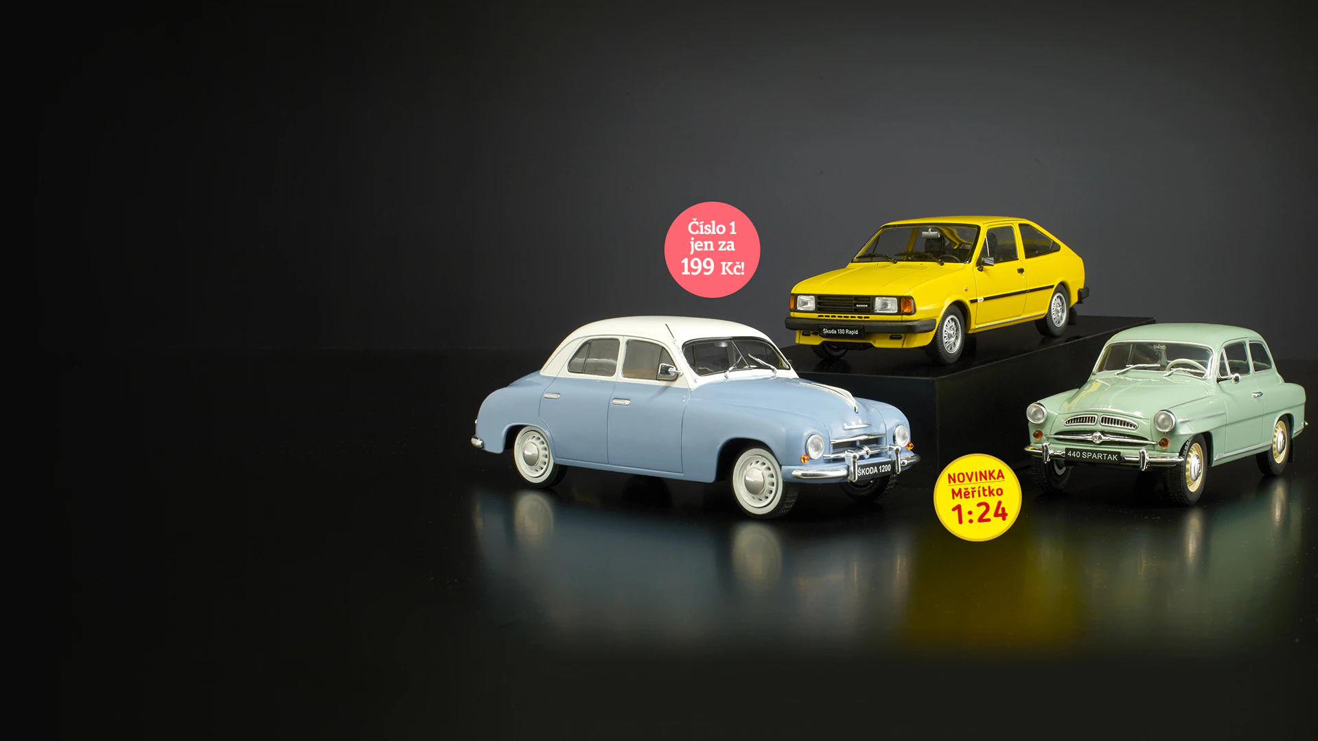 Obrázek tří modelů vozů Škoda v měřítku 1:24: světle modrý vůz, žlutý vůz a světle zelený vůz na tmavém pozadí. Obrázek obsahuje propagační text: „První zásilka jen za 4,99 zł“ a ikonu s textem „Novinka Měřítko 1:24”.