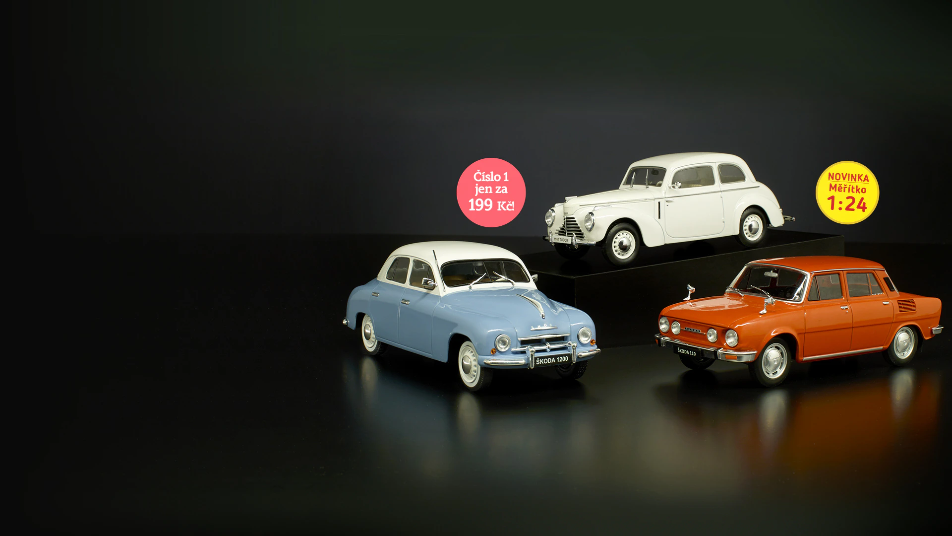 Obrázek tří modelů vozů Škoda v měřítku 1:24. Obrázek obsahuje propagační text: „První zásilka jen za 4,99 zł“ a ikonu s textem „Novinka Měřítko 1:24”.