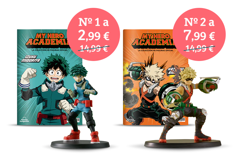 Imagen que muestra dos portadas de revista con el producto y dos figuras. Un banner en la imagen dice «nº 1 a 2,99 €» en un sello circular y el precio 14,99€ tachado. Otro sello circular dice: «nº 1 a 7,99 €» y el precio 14,99€ tachado.