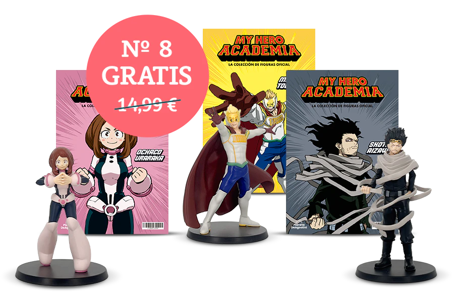 Imagen que muestra dos portadas de revista con el producto y dos figuras. Un banner en la imagen dice «Nº8 gratis» en un sello circular y el precio 14,99€ tachado.