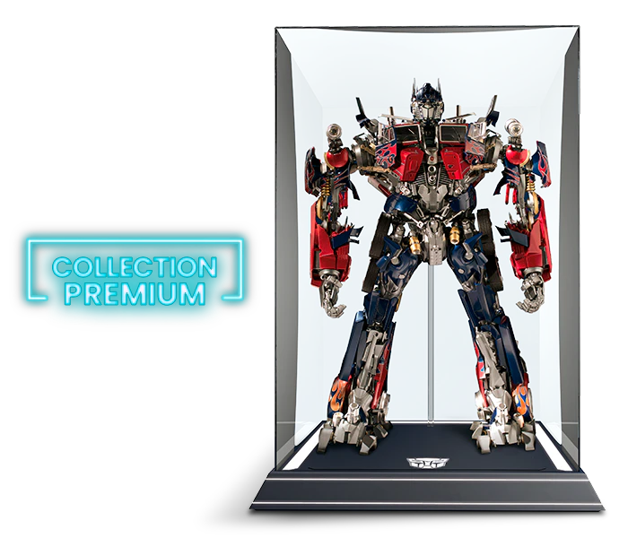 Image of a red and blue robot with truck parts, the Optimus Prime, inside a transparent display case. An banner on the image reads: "Premium Collection".