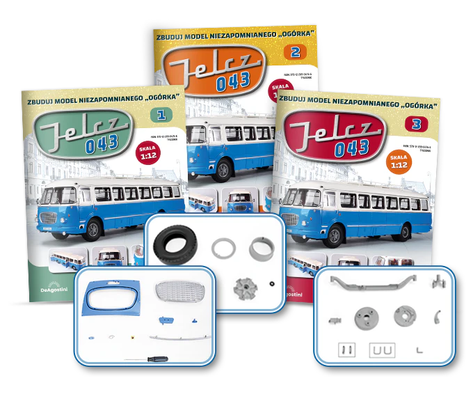 Obraz przedstawiający 3 okładki magazynu z Jelczem 043 oraz 3 zestawy części do montażu.