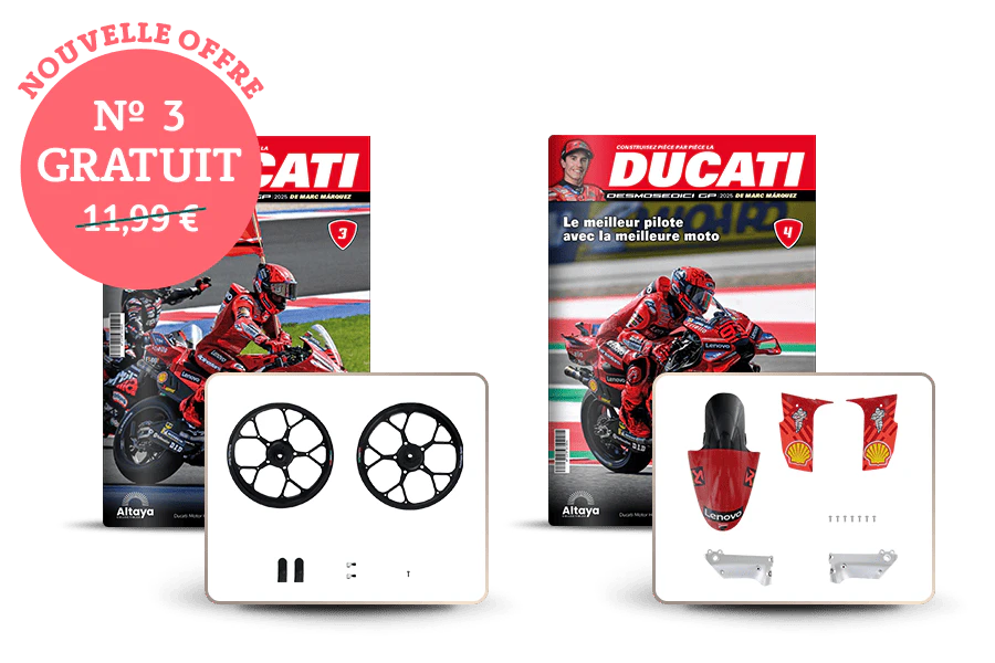 Image montrant trois couvertures de magazine avec le produit et trois paquets de pièces. Une bannière sur l’image indique « Nouvelle offre : n°3 gratuit » dans un sceau circulaire et le prix 12,99€ barré.
