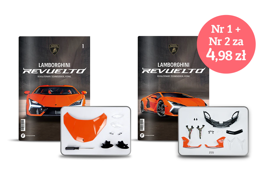 Obraz przedstawiający dwie okładki magazynu Lamborghini Revuelto oraz dwa zestawy części montażowych na szarym tle. Na obrazie widoczny jest tekst promocyjny: „Numer 1 + Numer 2 za 2,49 zł każdy”