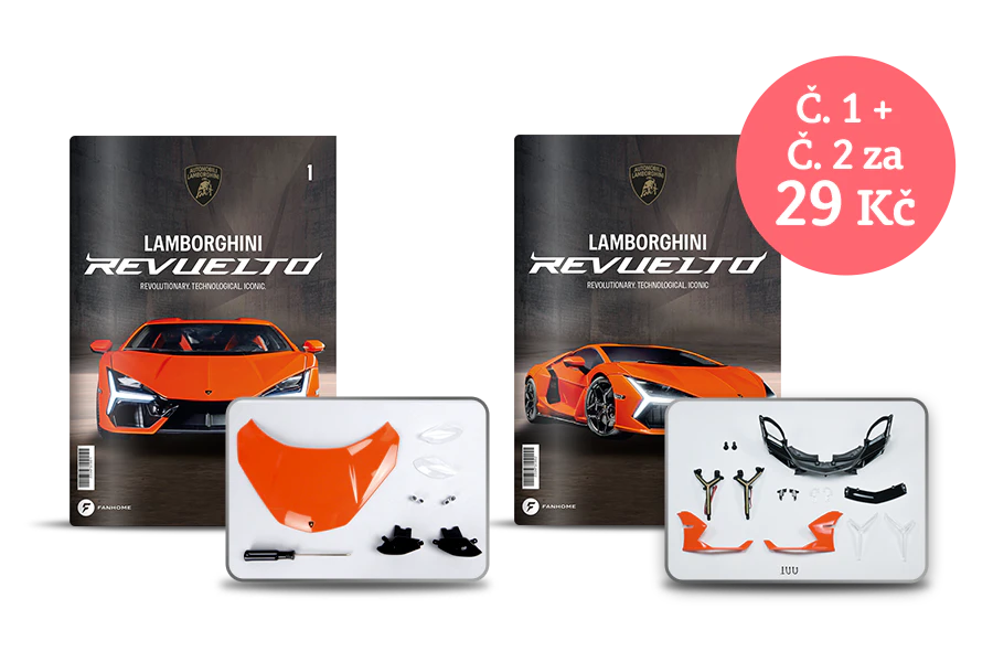 Obrázek dvou obálek časopisu Lamborghini Revuelto a dvou sad montážních dílů na šedém pozadí. Obrázek obsahuje propagační text: „Číslo 1 + číslo 2 za 29 Kč”.
