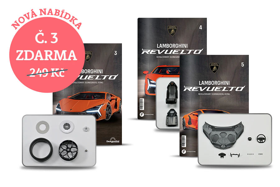 Obrázek tří obálek časopisu Lamborghini Revuelto a tří sad montážních dílů na šedém pozadí. Obrázek obsahuje propagační text: „Číslo 3 ZDARMA”.