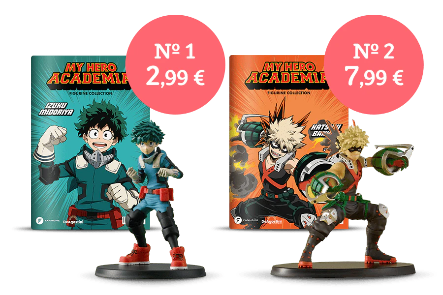 Immagine che mostra due copertine della rivista My Hero Academia e due figurine. Un banner sull’immagine riporta “N°1 a 2,99€” e un altro banner riporta “N°2 a 7,99€”.