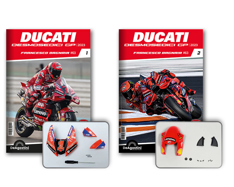 Obrázek zobrazující dvě obálky časopisu s červenou motorkou Ducati a dva balíčky montážních dílů.
