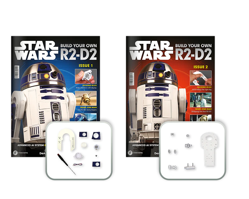 Obraz przedstawiający dwie okładki magazynu z R2-D2 z filmów Star Wars oraz dwa zestawy części do montażu.