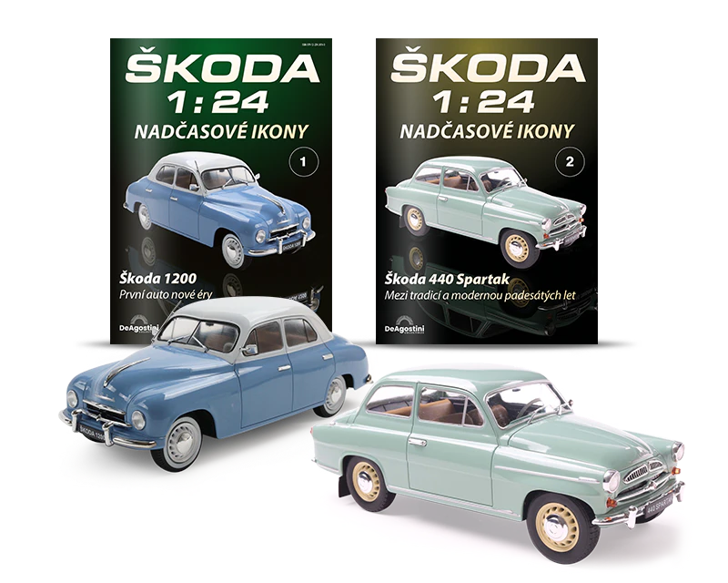 Obrázek dvou obálek časopisu Škoda 1:24 a dvou odpovídajících modelů vozů.