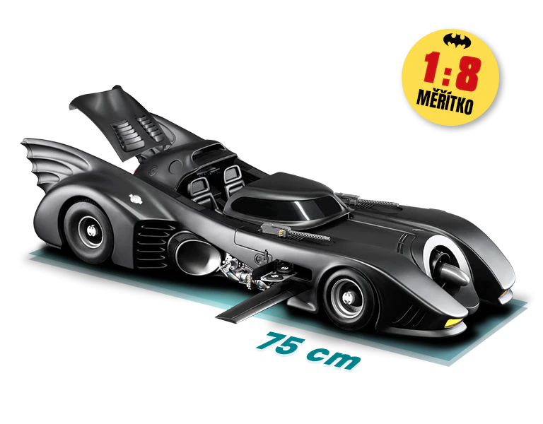 Obrázek černého Batmobilu z roku 1989 o délce 75 cm. Ikona na obrázku obsahuje nápis „MĚŘÍTKO 1/8”.
