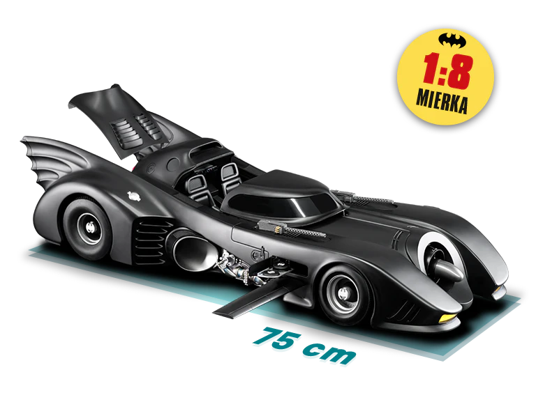 Obrázok čierneho Batmobilu z roku 1989 s dĺžkou 75 cm. Ikona na obrázku obsahuje nápis „MIERKA 1/8”.