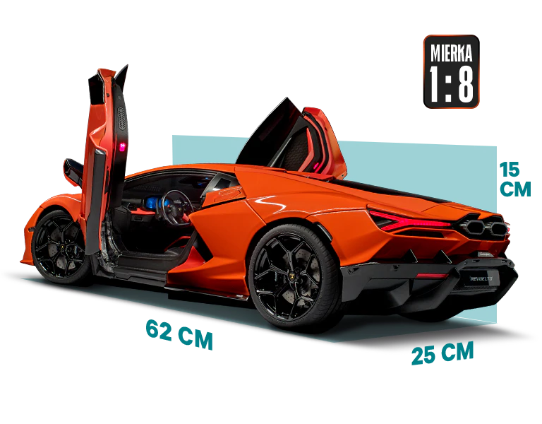 Obrázok modelu oranžového športového auta Lamborghini s rozmermi: dĺžka 62 cm, šírka 25 cm, výška 15 cm. Ikona na obrázku obsahuje text: „MIERKA 1:8“.