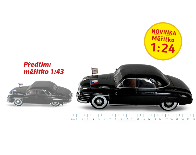 Obrázek čtyř modelů vozů Škoda v měřítku 1:24 ve světle zelené, světle modré, žluté a červené barvě. Ikona na obrázku obsahuje nápis: „Měřítko 1:24”.