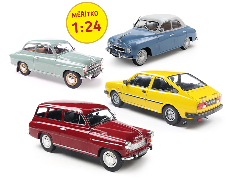 Obrázek čtyř modelů vozů Škoda v měřítku 1:24 ve světle zelené, světle modré, žluté a červené barvě. Ikona na obrázku obsahuje nápis: „Měřítko 1:24”.