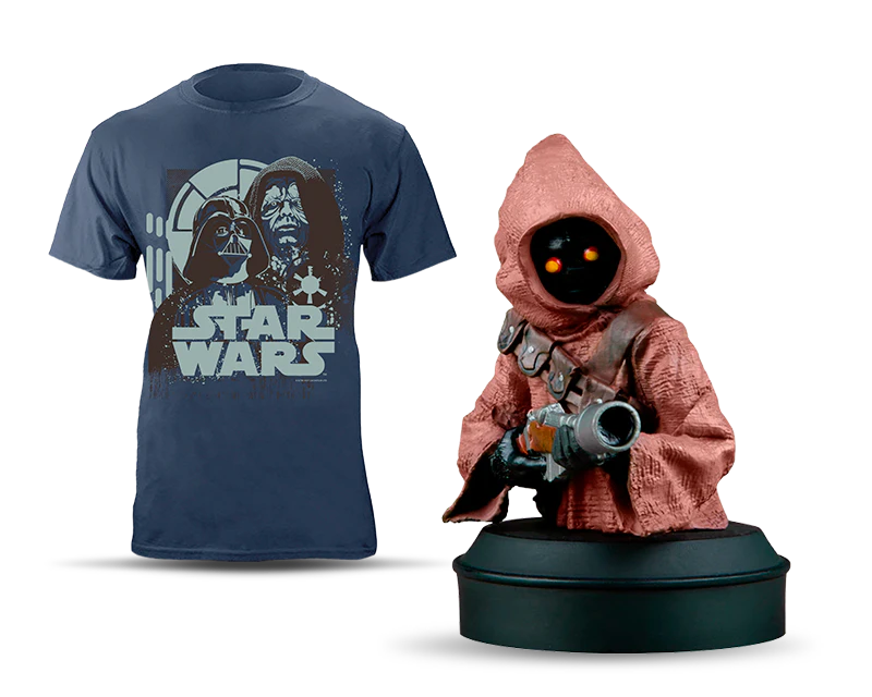 Image of a blue t-shirt featuring the Star Wars logo together with Darth Vader and Palpatine.