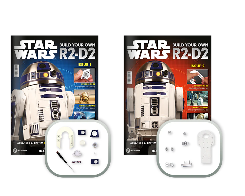 Image showing two magazine covers of the R2-D2 from the Star Wars movies and two packs of assembly pieces.
