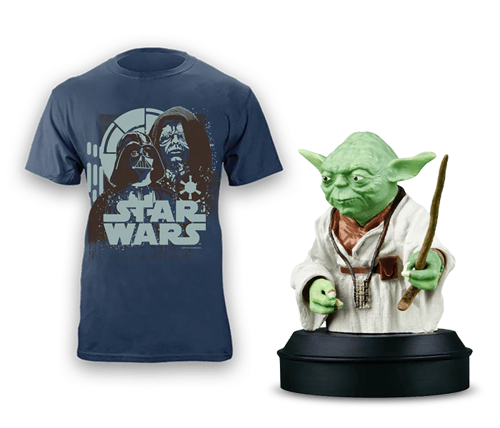Image of a blue t-shirt featuring the Star Wars logo together with Darth Vader and Palpatine.