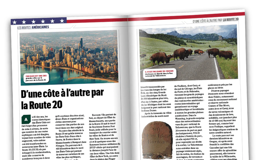 Double page de magazine avec une Ducati Desmosedici GP 2025 rouge et une fiche technique sur fond noir et rouge.