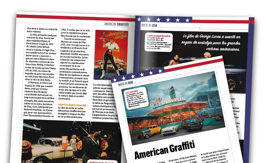 Double page de magazine sur l’histoire de Ducati, avec photos anciennes, vélo et texte informatif.