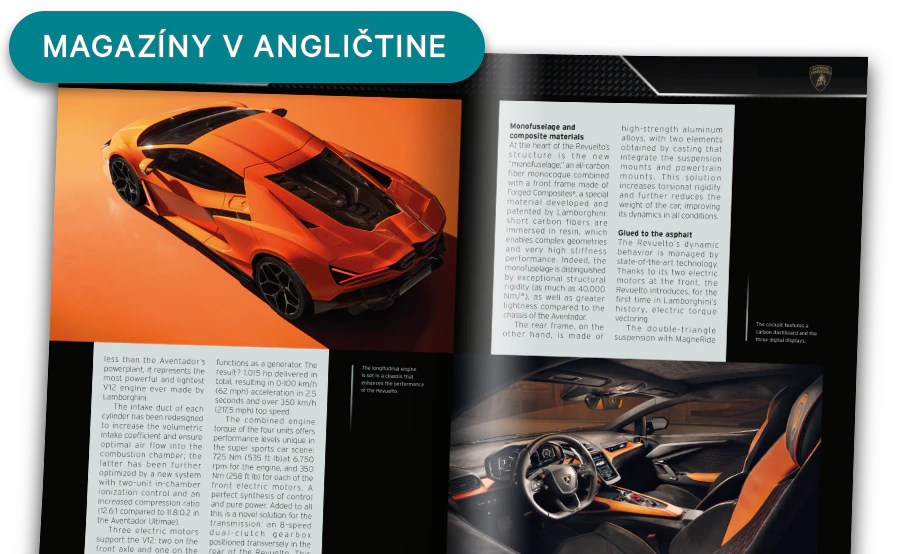 Obrázok otvoreného časopisu zobrazeného z diaľky. Banner na obrázku obsahuje text: „Časopisy v angličtine“.