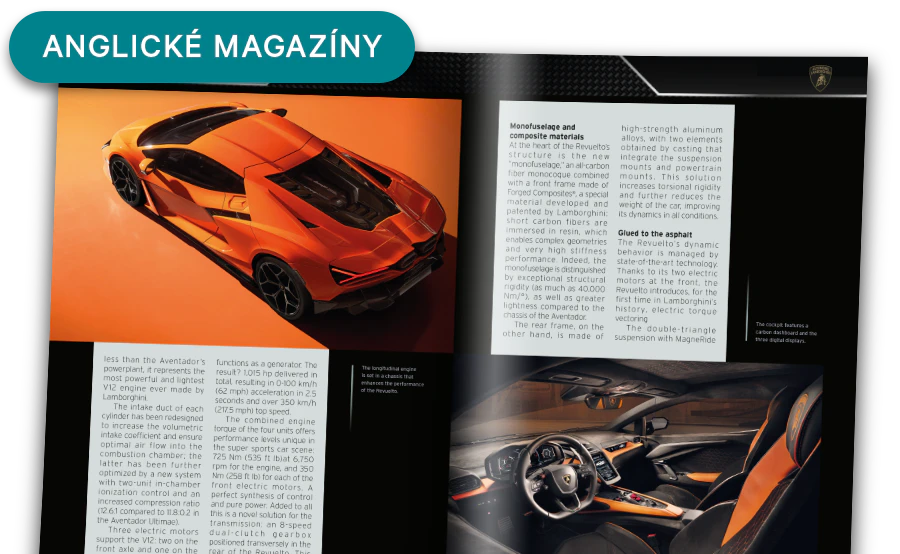 Obrázek otevřeného časopisu z dálky. Banner na obrázku obsahuje nápis „Časopisy v angličtině”.